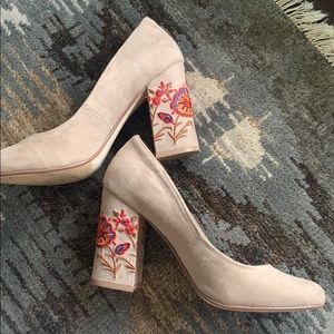 Suede block heels with embroidered floral design